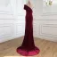 Haut de Gamme Bordeaux Daim Robe De Soirée 2021 Trompette / Sirène Encolure Dégagée Perlage Faux Diamant Paillettes Soirée Manches Courtes Train De Balayage Robe De Ceremonie