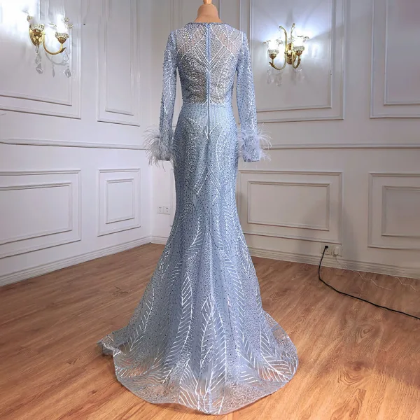 High-end Charming Sky Blue Evening Dresses 2021 Trumpet / Mermaid V-Neck Beading Rhinestone Long Sleeve Tassel Evening Party Floor-Length / Long Formal Dresses