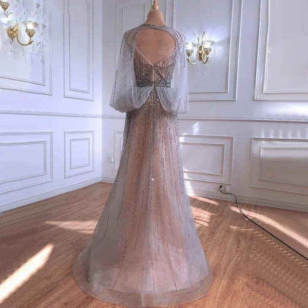 High-end Nude Selskabskjoler 2021 Prinsesse V-Hals Beading Rhinestone Pailletter Langærmet Halterneck Lange Selskabs Kjoler