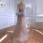 High-end Nude Selskabskjoler 2021 Prinsesse V-Hals Beading Rhinestone Pailletter Langærmet Halterneck Lange Selskabs Kjoler