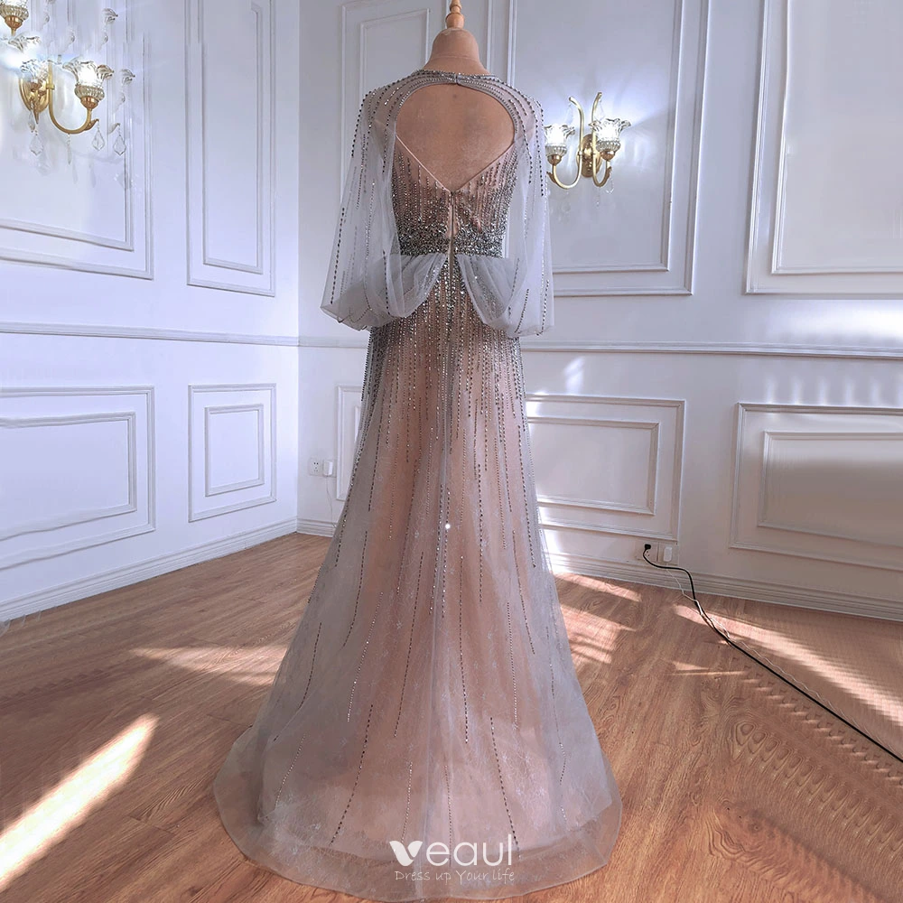 High-end Nude Evening Dresses 2021 A-Line / Princess V-Neck Beading  Rhinestone Sequins Long Sleeve Backless Floor-Length / Long Evening Party Formal  Dresses