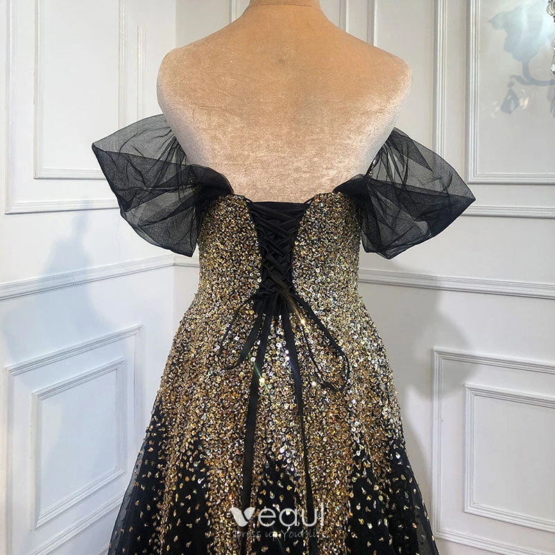 Sparkly Black Gold Starry Sky Beading Sequins Evening Dresses 2021 A-Line / Princess Off-The-Shoulder Backless Bow Short Sleeve Floor-Length / Long