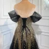Sparkly Black Gold Starry Sky Beading Sequins Evening Dresses 2021 A-Line / Princess Off-The-Shoulder Backless Bow Short Sleeve Floor-Length / Long Formal Dresses