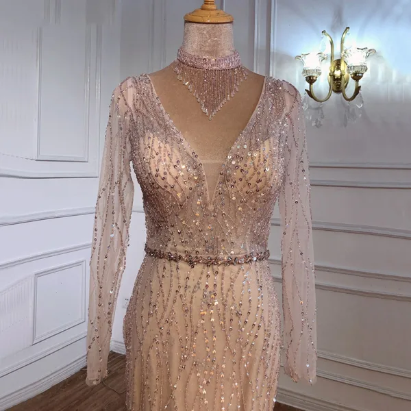 Haut de Gamme Doré Perlage Faux Diamant Paillettes Robe De Soirée 2021 Trompette / Sirène V-Cou Manches Longues Dos Nu Longue Soirée Robe De Ceremonie