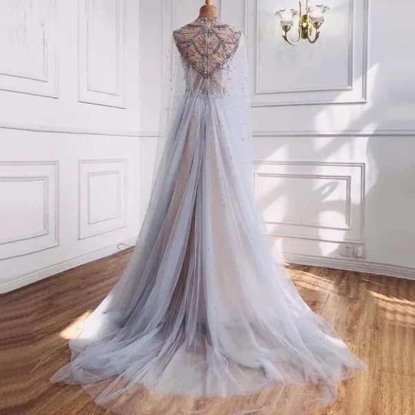 Luxury / Gorgeous High-end Grey Beading Sequins Rhinestone Evening Dresses 2021 A-Line / Princess Scoop Neck Short Sleeve Evening Party Sweep Train Formal Dresses