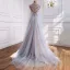 Luxury / Gorgeous High-end Grey Beading Sequins Rhinestone Evening Dresses 2021 A-Line / Princess Scoop Neck Short Sleeve Evening Party Sweep Train Formal Dresses