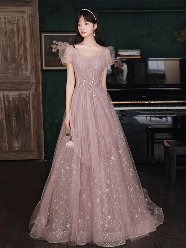 Charming Dusky Pink Prom Dresses 2021 A-Line / Princess V-Neck Glitter Star Beading Sequins Puffy Short Sleeve Backless Floor-Length / Long Formal Dresses