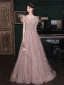 Charming Dusky Pink Prom Dresses 2021 A-Line / Princess V-Neck Glitter Star Beading Sequins Puffy Short Sleeve Backless Floor-Length / Long Formal Dresses
