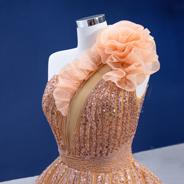 Luxury / Gorgeous Orange Beading Rhinestone Sequins Ruffle Wedding Dresses 2021 Ball Gown One-Shoulder Sleeveless Backless Floor-Length / Long Wedding