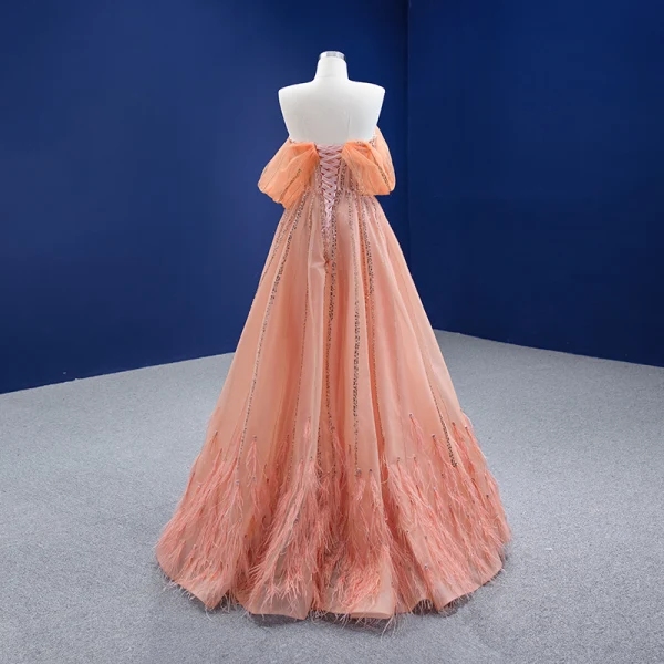 High-end Pearl Pink Beading Rhinestone Sequins Prom Dresses 2021 A-Line / Princess Off-The-Shoulder Short Sleeve Backless Prom Floor-Length / Long Formal Dresses