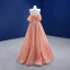High-end Pearl Pink Beading Rhinestone Sequins Prom Dresses 2021 A-Line / Princess Off-The-Shoulder Short Sleeve Backless Prom Floor-Length / Long Formal Dresses