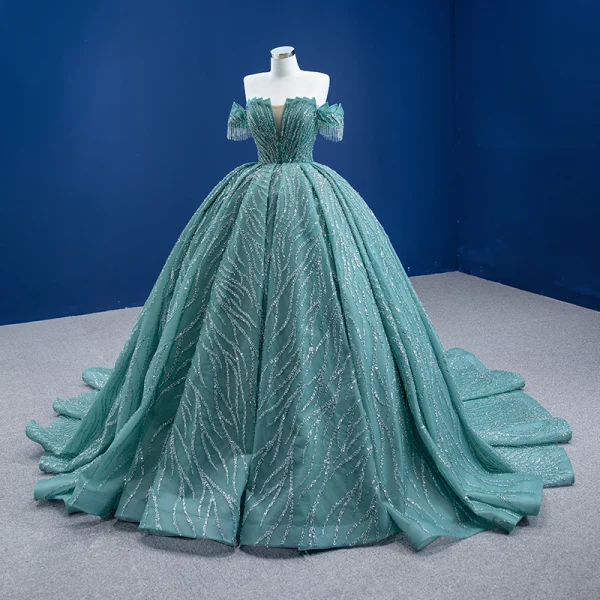 Charmant Vert Citron Perlage Gland Faux Diamant Paillettes Robe De Bal 2021 Robe Boule De l'épaule Manches Courtes Dos Nu Chapel Train Robe De Ceremonie