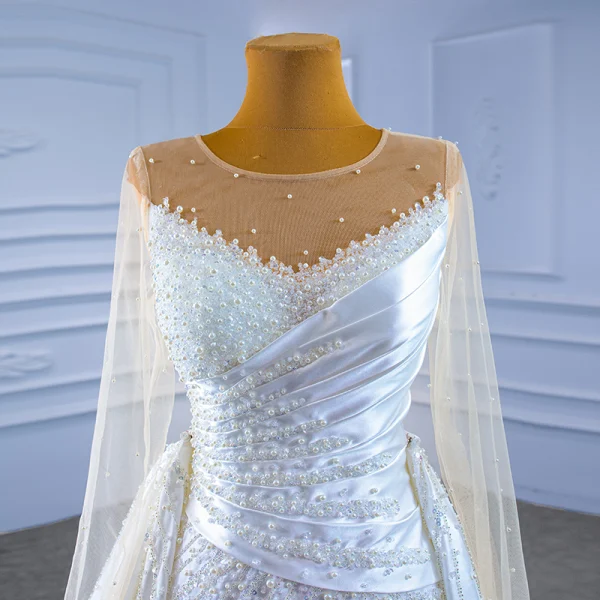 High-end White Beading Pearl Wedding Dresses 2021 Trumpet / Mermaid Scoop Neck Long Sleeve Backless Royal Train Wedding