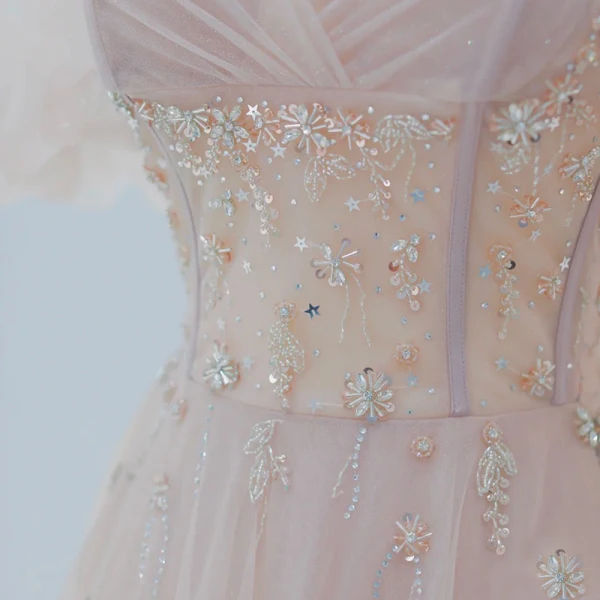 Élégant Rougissant Rose Robe De Bal 2021 Princesse Encolure Carrée Perlage Étoile Paillettes Gonflée Manches Courtes Dos Nu Noeud Longue Robe De Ceremonie