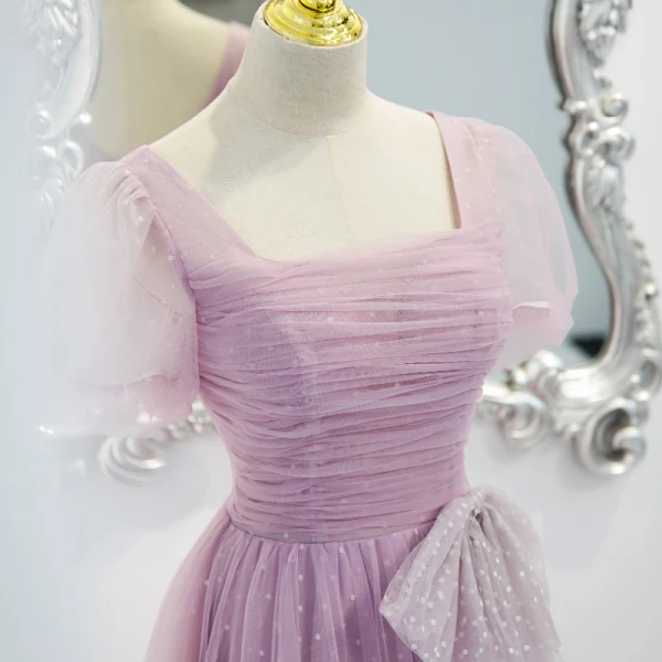 Chic / Beautiful Lilac Ruffle Spotted Prom Dresses 2021 A-Line / Princess Square Neckline Bow Short Sleeve Floor-Length / Long Formal Dresses