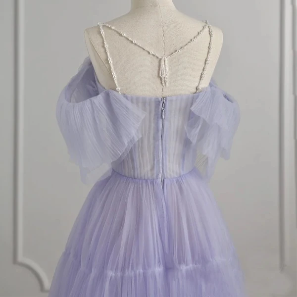 Elegant Lavender Pierced Prom Dresses 2021 A-Line / Princess Spaghetti Straps Short Sleeve Floor-Length / Long Formal Dresses