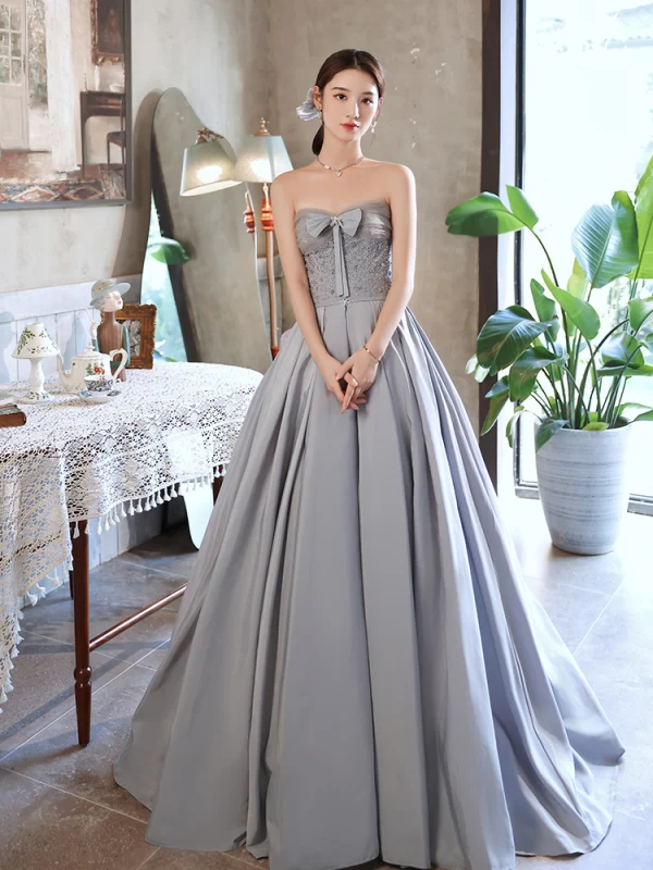Elegant Sky Blue Satin Prom Dresses 2021 A-Line / Princess Strapless Beading Bow Short Sleeve Backless Floor-Length / Long Formal Dresses