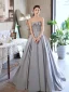 Elegant Sky Blue Satin Prom Dresses 2021 A-Line / Princess Strapless Beading Bow Short Sleeve Backless Floor-Length / Long Formal Dresses