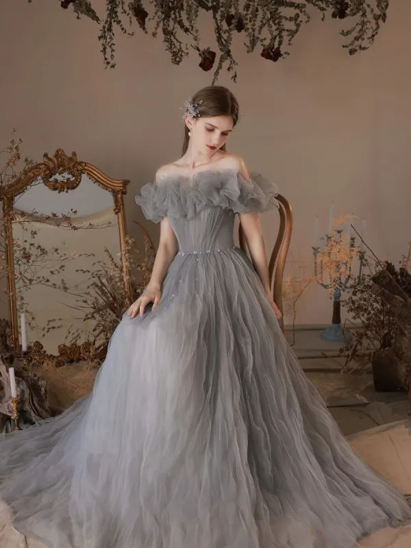 Elegant Grey Prom Dresses 2021 A-Line / Princess Ruffle Off-The-Shoulder Short Sleeve Backless Floor-Length / Long Formal Dresses