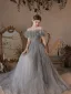 Elegant Grey Prom Dresses 2021 A-Line / Princess Ruffle Off-The-Shoulder Short Sleeve Backless Floor-Length / Long Formal Dresses