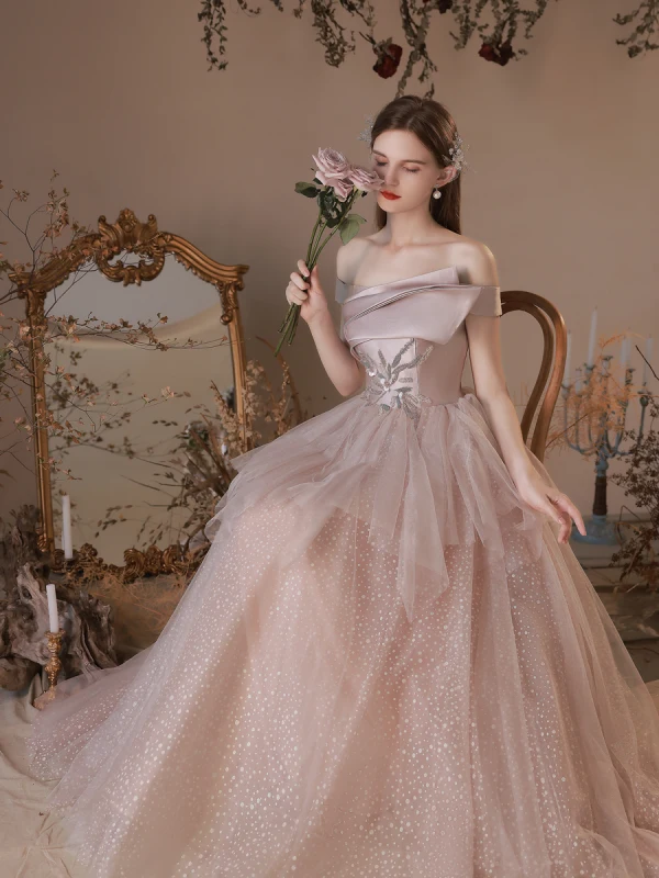 Élégant Rougissant Rose Perlage Paillettes Robe De Bal 2021 Princesse De l'épaule Sans Manches Dos Nu Longue Promo Robe De Ceremonie