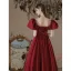 Eleganta Burgundy Satin Balklänningar 2021 Prinsessa Beading Pösigt Urringning Korta ärm Bal Långa Formella Klänningar