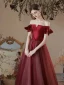 Elegant Burgundy Satin Spotted Prom Dresses 2021 A-Line / Princess Square Neckline Short Sleeve Backless Bow Floor-Length / Long Formal Dresses