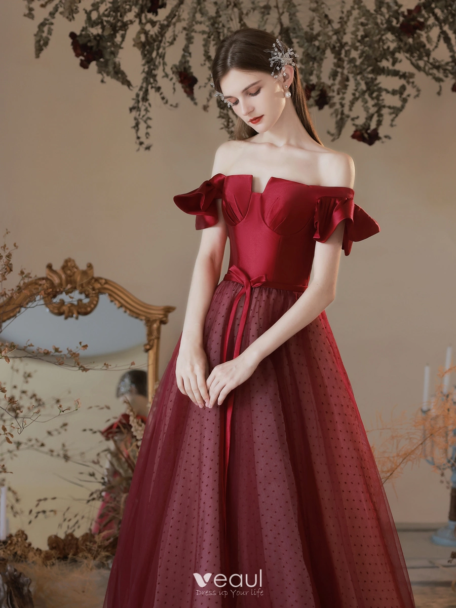 Elegant Burgundy Satin Spotted Prom Dresses 2021 A-Line / Princess Square Neckline Short Sleeve Backless Bow Floor-Length / Long Formal Dresses Elegant Burgundy Satin Spotted Prom Dresses 2021 A-Line / Princess Square Neckline Short Sleeve Backless Bow Floor-Length / Long Formal Dresses
