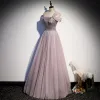 Elegant Dusky Pink Prom Dresses 2021 A-Line / Princess Bow Off-The-Shoulder Beading Star Sequins Short Sleeve Backless Floor-Length / Long Formal Dresses