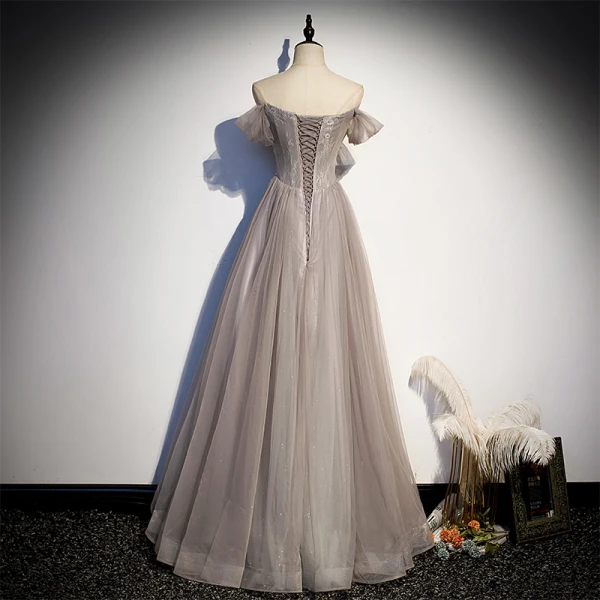 Elegant Grey Glitter Prom Dresses 2021 A-Line / Princess Off-The-Shoulder Beading Sequins Lace Flower Short Sleeve Backless Floor-Length / Long Formal Dresses
