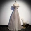 Elegant Grey Glitter Prom Dresses 2021 A-Line / Princess Off-The-Shoulder Beading Sequins Lace Flower Short Sleeve Backless Floor-Length / Long Formal Dresses