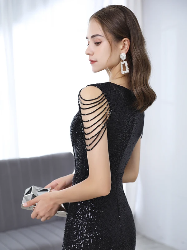 Scintillantes Sexy Noire Robe De Soirée 2021 Trompette / Sirène V-Cou Perlage Paillettes Sans Manches Mi-Longues Robe De Ceremonie