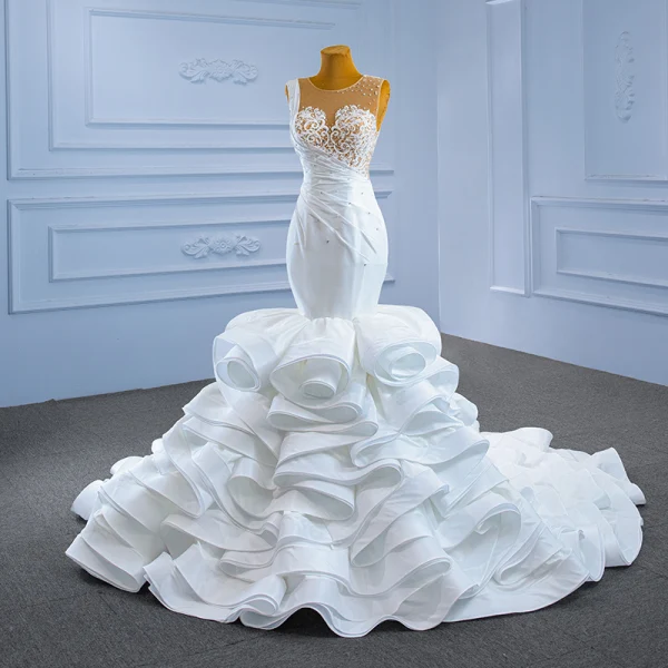 Luxury / Gorgeous White Cascading Ruffles Wedding Dresses 2021 Trumpet / Mermaid Scoop Neck Beading Sequins Rhinestone Lace Flower Sleeveless Backless Royal Train Wedding