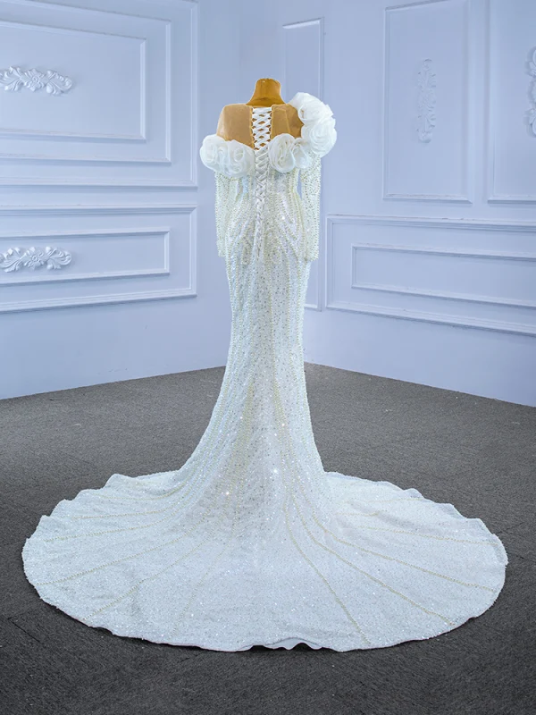 Luxury / Gorgeous Charming White Beading Pearl Sequins Wedding Dresses 2021 Trumpet / Mermaid Ruffle Scoop Neck Long Sleeve Backless Chapel Train Wedding
