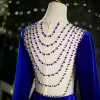 Elegant Royal Blue Suede Velour Prom Dresses 2021 A-Line / Princess Square Neckline Beading Long Sleeve Backless Split Front Sweep Train Formal Dresses
