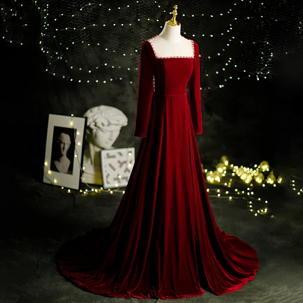 Elegant Burgundy Suede Velour Prom Dresses 2021 A-Line / Princess Square Neckline Beading Long Sleeve Sweep Train Formal Dresses