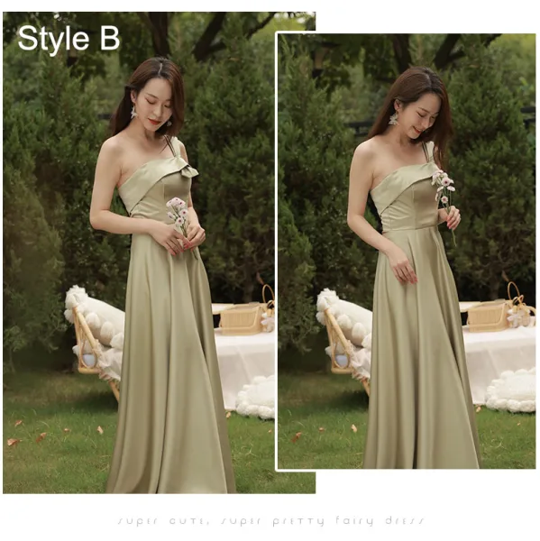 Eden Un Volante Hombro Largo Vestido De Dama De Honor Verde Oliva