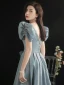 Vintage / Originale Bleu Ciel Robe De Bal 2021 Princesse Encolure Carrée Perle Gonflée Manches Courtes Dos Nu Longue Robe De Ceremonie
