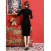 Chinese style Black Velour Evening Dresses Cheongsam 2021 Trumpet / Mermaid High Neck Beading Pearl 1/2 Sleeves Split Front Tea-length Formal Dresses