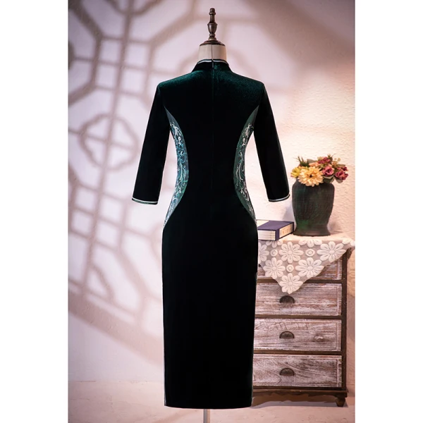 Vintage / Retro Dark Green Velour Embroidered Cheongsam Evening Dresses 2021 Trumpet / Mermaid Suede High Neck 1/2 Sleeves Split Front Tea-length Formal Dresses