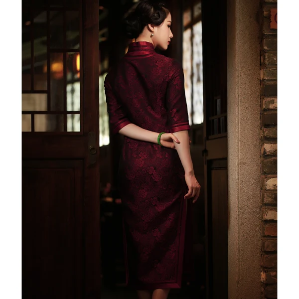 High-end Burgundy Silk Floral Cheongsam Evening Dresses 2021 Trumpet / Mermaid High Neck 1/2 Sleeves Evening Party Tea-length Formal Dresses