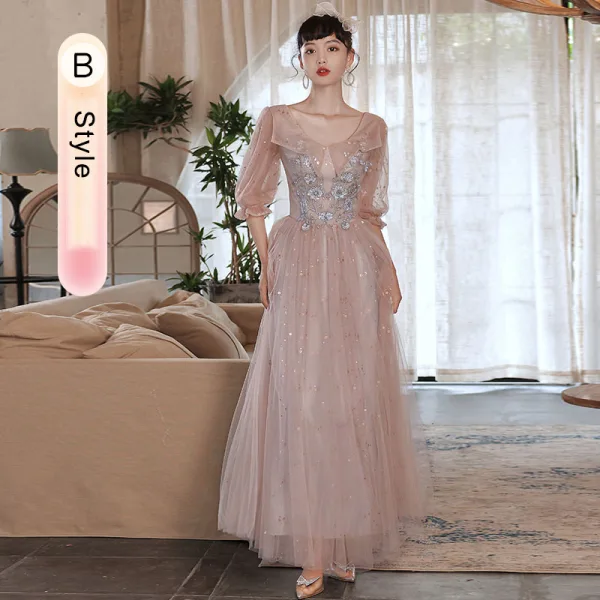 Fashion Blushing Pink Bridesmaid Dresses 2021 A-Line / Princess Beading Pearl Sequins Lace Flower Short Sleeve Backless Floor-Length / Long Wedding Party Dresses