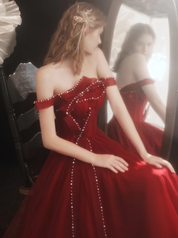 Charming Burgundy Pearl Bow Prom Dresses 2021 Off-The-Shoulder A-Line / Princess Sleeveless Backless Floor-Length / Long Formal Dresses