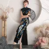 Chinese style Navy Blue Sequins Evening Dresses Cheongsam 2021 Trumpet / Mermaid Velour High Neck Short Sleeve Tea-length Formal Dresses
