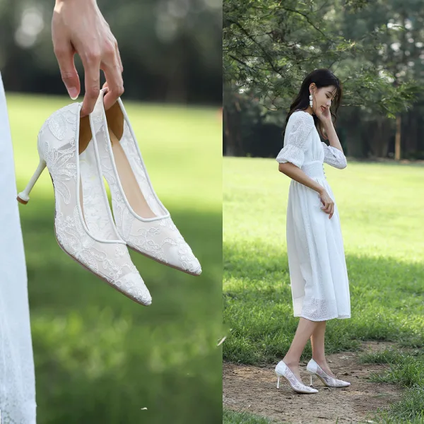 Chic / Beautiful White Lace Flower Wedding Shoes 2021 8 cm Stiletto Heels Pointed Toe Wedding Pumps High Heels
