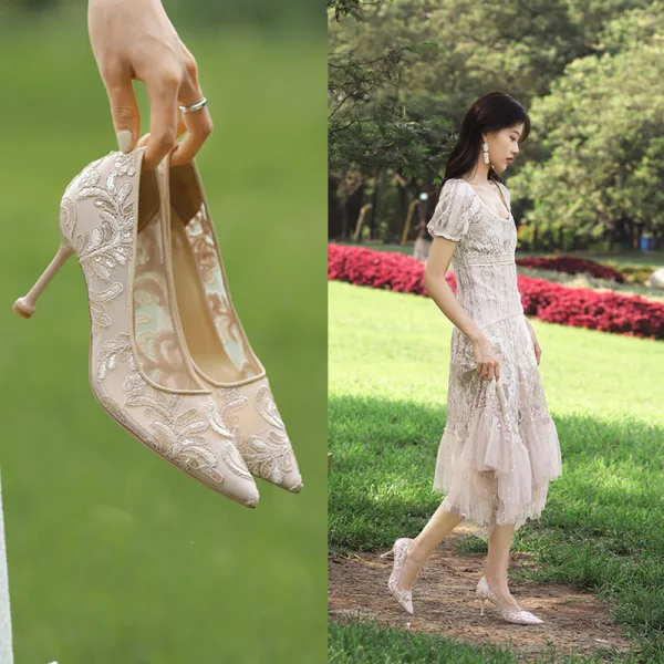 Chic / Beautiful Champagne Lace Flower Wedding Shoes 2021 8 cm Stiletto Heels Pointed Toe Wedding Pumps High Heels