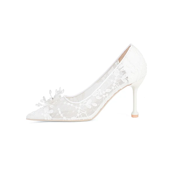 Elegant Grey Lace Flower Wedding Shoes 2022 8 cm Stiletto Heels Pointed Toe Wedding Pumps High Heels