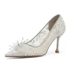 Chic / Beautiful White Lace Flower Wedding Shoes 2022 8 cm Stiletto Heels Pointed Toe Wedding Pumps High Heels