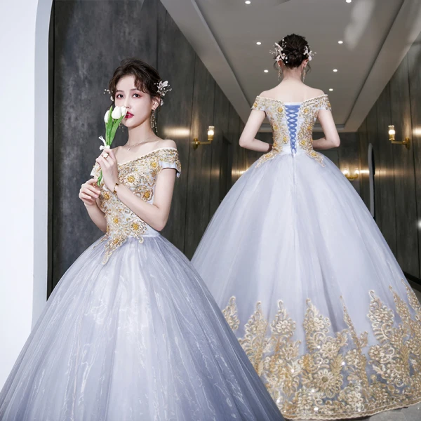 Elegant Silver Grey Prom Dresses 2022 Ball Gown Off-The-Shoulder Beading Pearl Sequins Lace Flower Short Sleeve Backless Floor-Length / Long Formal Dresses