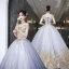 Elegant Silver Grey Prom Dresses 2022 Ball Gown Off-The-Shoulder Beading Pearl Sequins Lace Flower Short Sleeve Backless Floor-Length / Long Formal Dresses